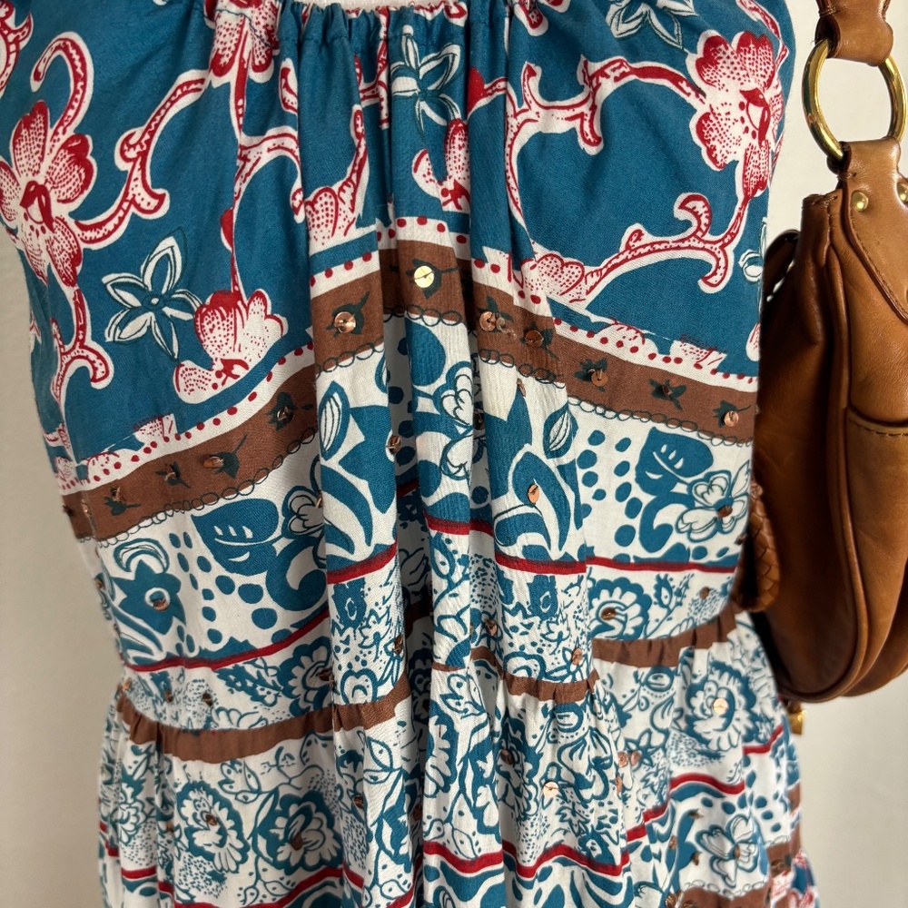 Angie Boho Floral Halter Mini Dress Tiered Cotton M - Picture 4 of 7